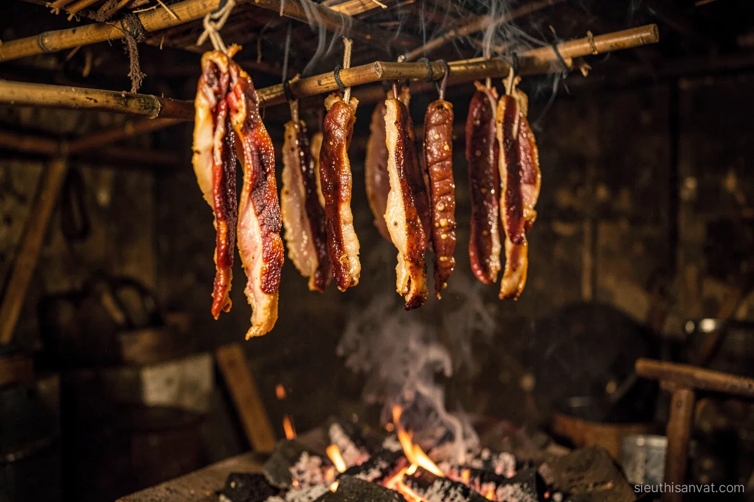 Strips of smoked pork and sausages hanging above a wood fire in a dim highland kitchen, thin smoke rising through bamboo slats, warm amber light, macro detail