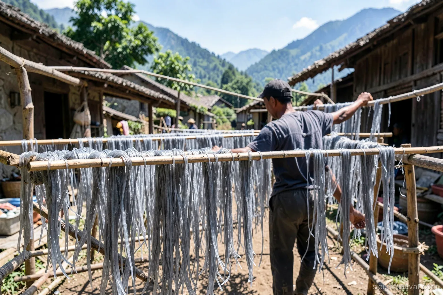 Bundles of grey translucent glass noodles drying on bamboo racks in a sunny mountain village yard, a farmer seen from behind turning racks, bright clear light, low angle