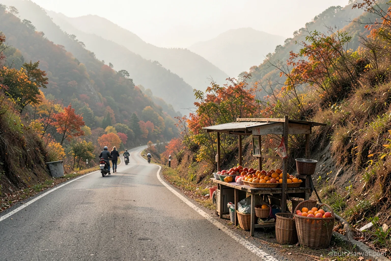 Wide view of a winding mountain road through autumn hills in northern Vietnam, a small roadside stand with baskets of persimmons and oranges, travelers from behind, hazy afternoon light