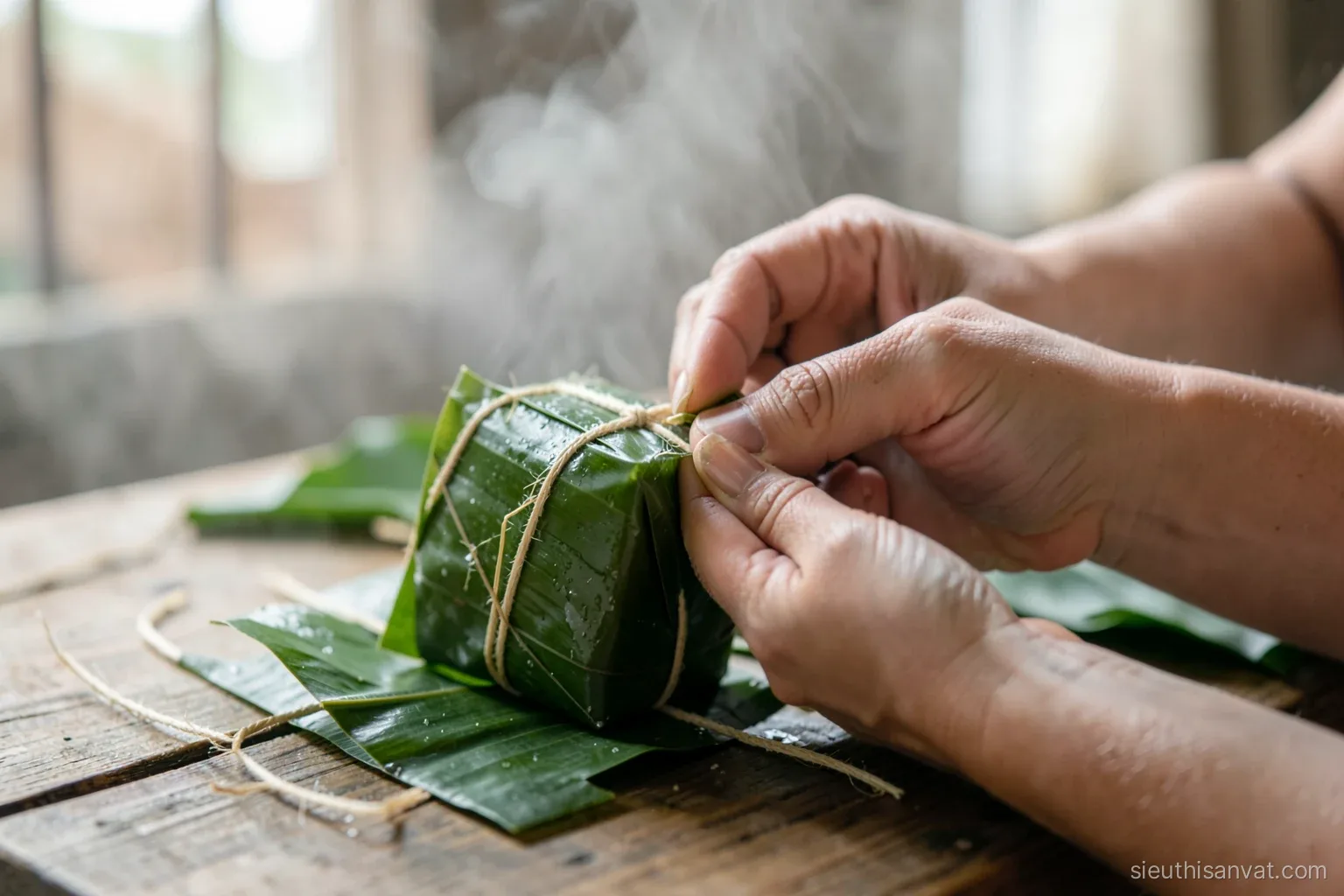 Close-up of hands tying square sticky rice cakes wrapped in green leaves with bamboo strings on a low wooden table, steam in background, soft window light, green and cream palette