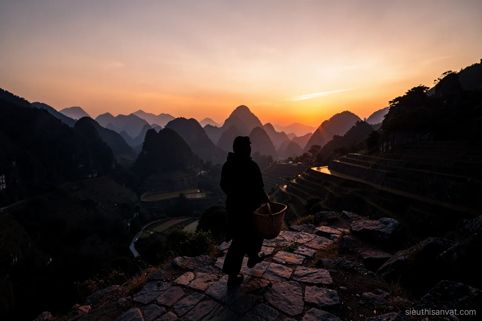 Silhouette of a person carrying a woven basket along a stone path on a rocky karst plateau at sunset, terraced fields below, deep orange and slate tones, wide angle
